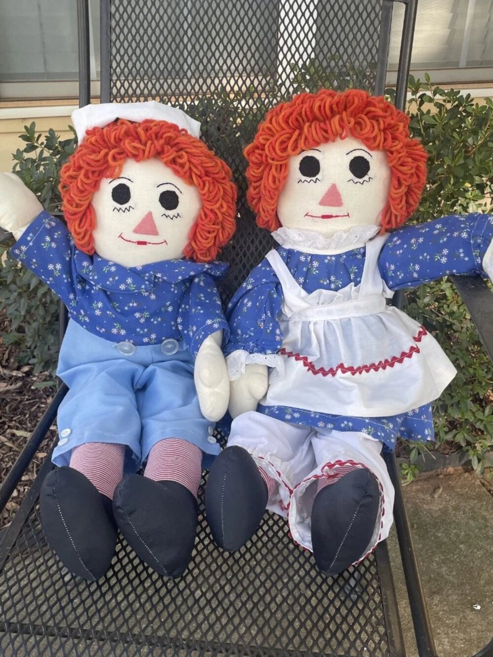 Vintage Raggedy Ann & Andy Dolls 24" Handmade Matching Blue Floral Outfits